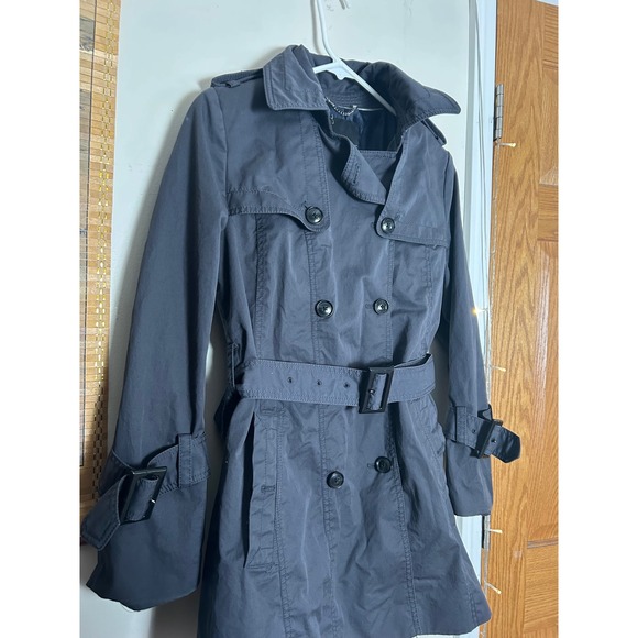 Banana Republic Trench Coat Dark Grey Petite S Preppy Tie Waist Belted - Picture 2 of 8